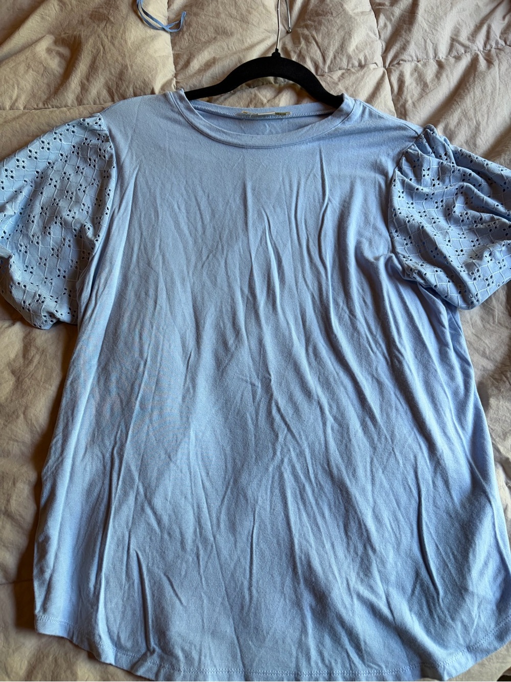 cooper & ella sky blue tee with bubble sleeves with eyelet details